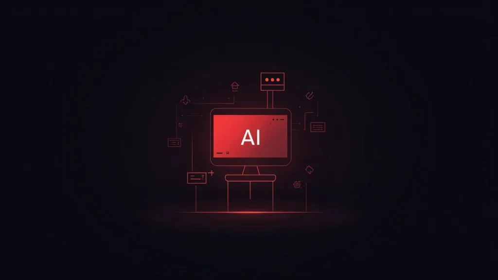 Neon ilustracija AI tehnologije sa monitorom i povezanom infrastrukturom za generisanje sadržaja