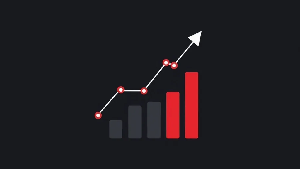 Grafikon rasta digital marketinga sa восходящом стрелицом и crvenim barovima pokazujući povećanje prodaje i investicija