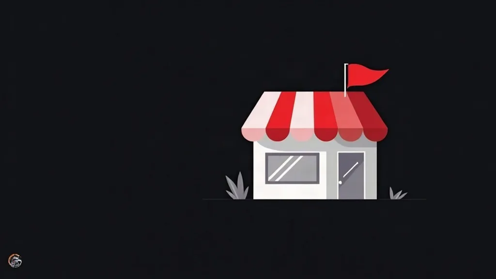 Ilustracija malog trgovskog lokala sa crvenim šatorom i zastavom - simbol lokalne biznisa i Google My Business optimizacije